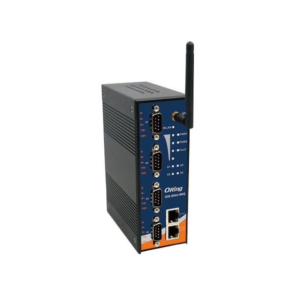 Oring Industrial Networking Rugged 4x RS232/422/485 to 2x 10/100TX RJ-45 or 1x802.11b/g WLAN client Device Ser IDS-5042-WG - main